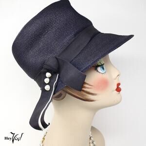 Vintage 50s Navy Cloche Hat White Button Trim Ribbon Bow Union Tag - Hey Viv